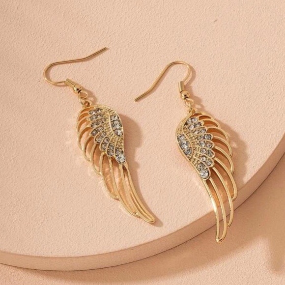 Jewelry - Gold & Rhinestone Wing Drop Earrings